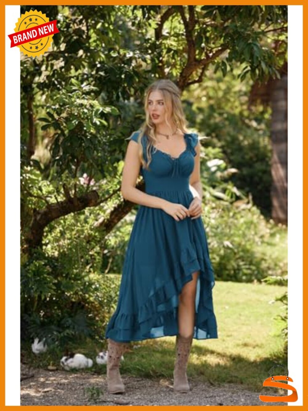 Off Shoulder Corset Dress Flowy Chiffon High Low Ruffle Wedding Guest Sundress - Picture 6 of 6